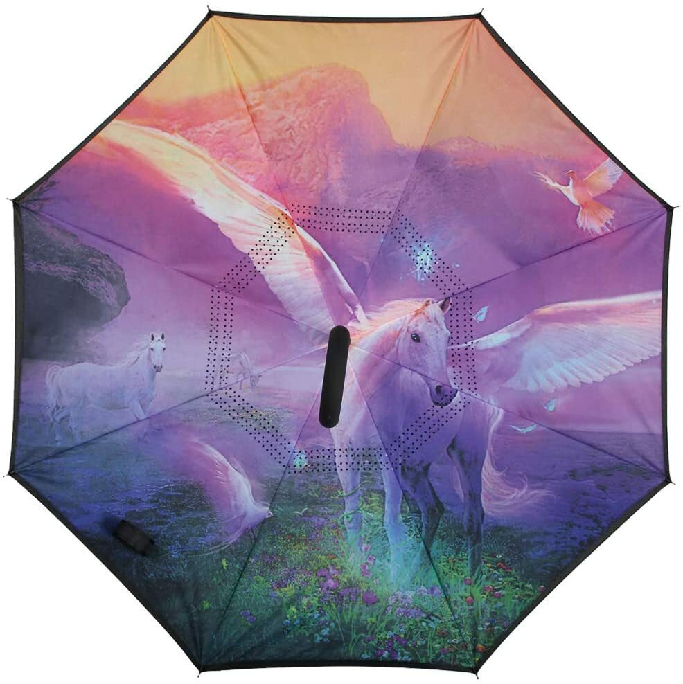 C-Handle Inverted Reverse Umbrella, Unicorn print (Inside-out, Upside-down)