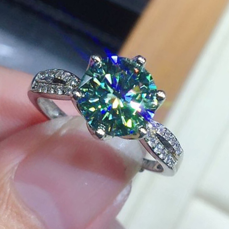 New 8mm Round Blue Green Moissanite Shinny Gemstone Women Girls Silver Rings