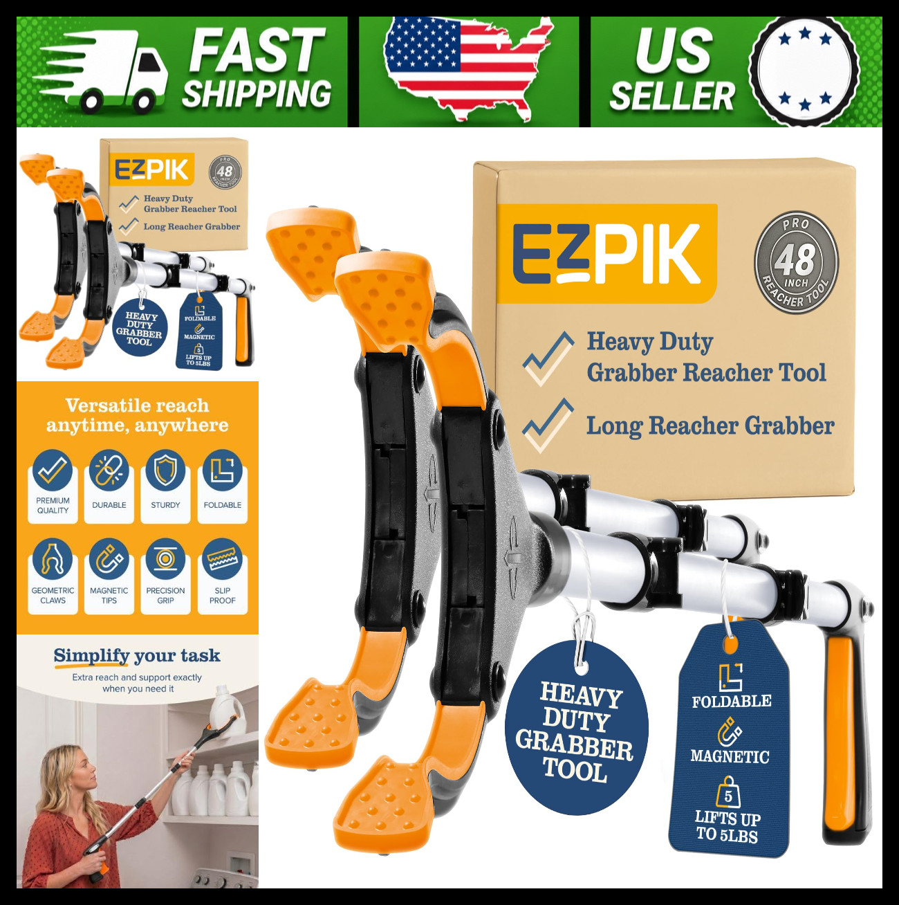 EZPIK Foldable Grabber Reacher Tool for Seniors, Heavy Duty 2-Pack
