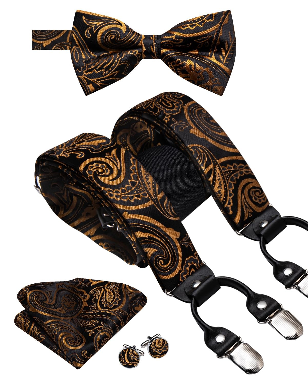 Suspender And Bow Tie For Men Paisley Solid Braces Pretied Hankie Cufflink