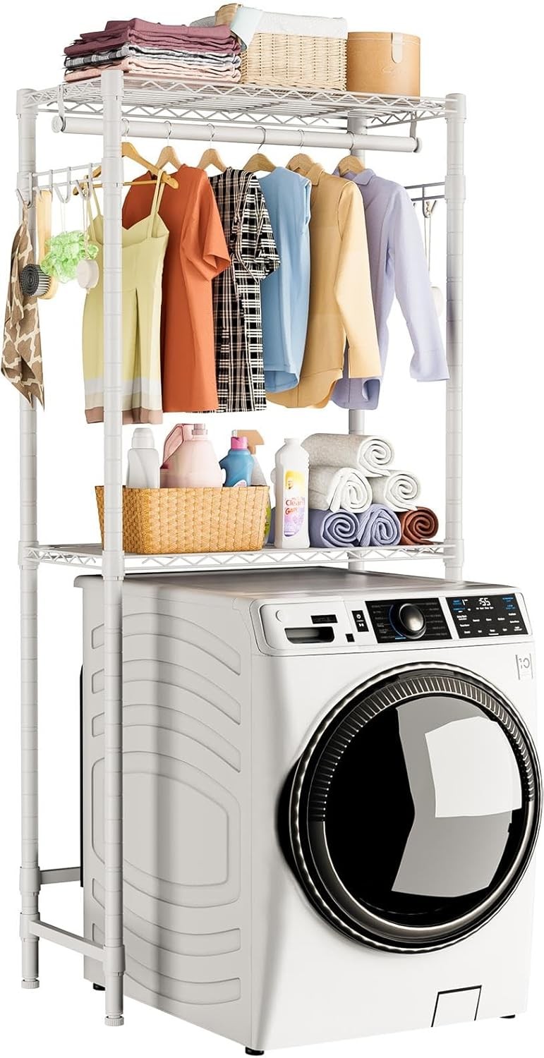Shelf above washer and dryer, 2 height-adjustable wire shelves