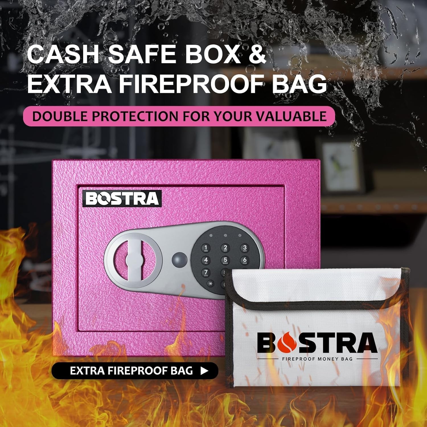 Bostra Fireproof Safe w/Sensor Light, Keys, Digital Keypad Pass Code, Hot Pink