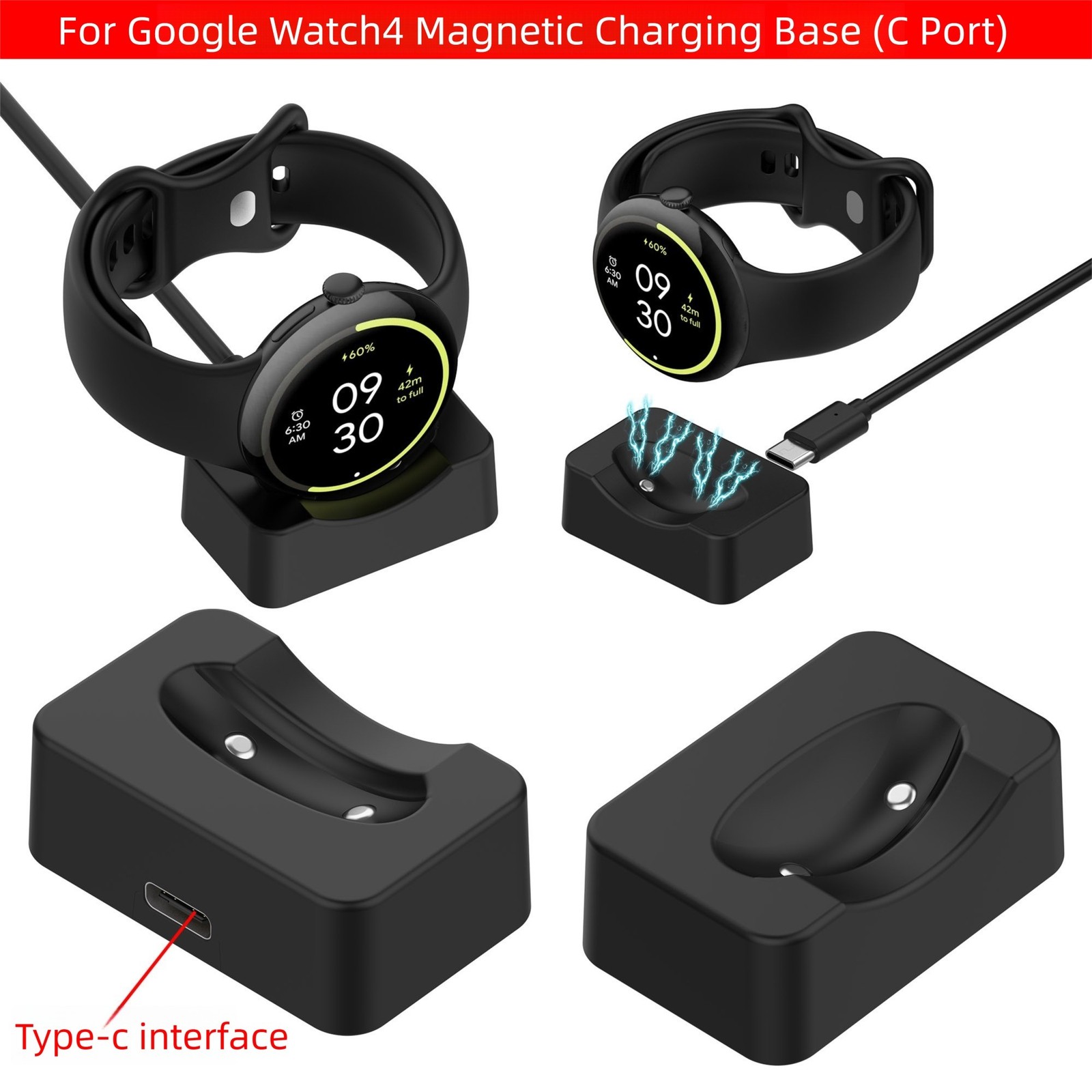 For Pixel Watch 4 Fast Charge for Type C Adapter Portable ABS Construction Black