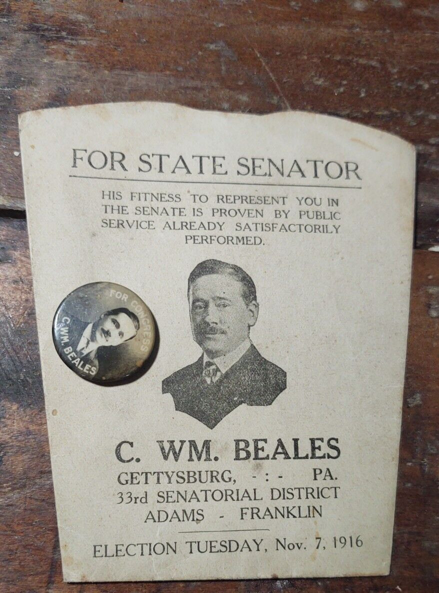 1916 Election , Campaign Button & paper Cup , C. Wm. Beales Gettysburg