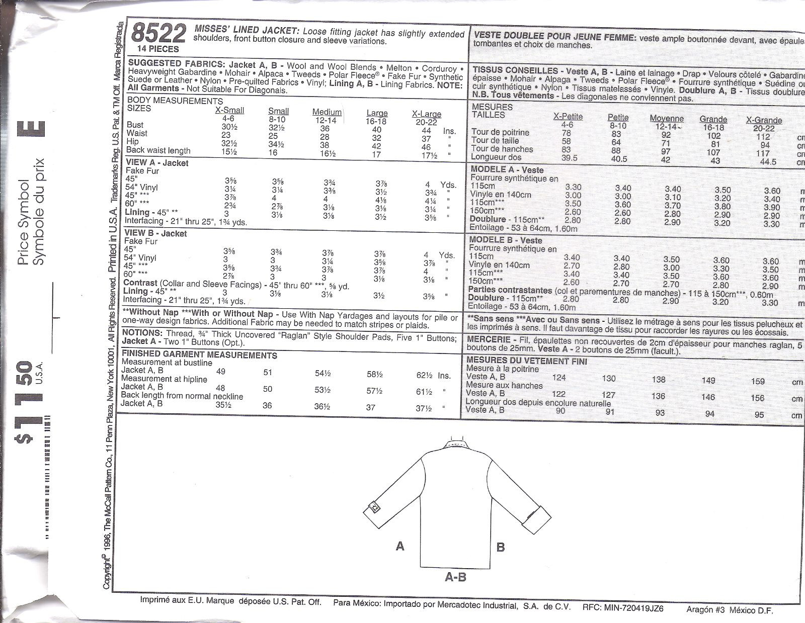 8522 UNCUT McCalls SEWING Pattern Loose Fitting Lined Jacket Easy 8 Great Looks