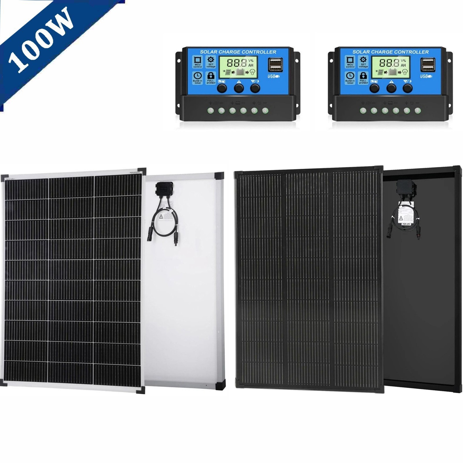 100W Solar Panel Kit Mono Cell Battery Power 20A Controller Roof Home Off-Grid