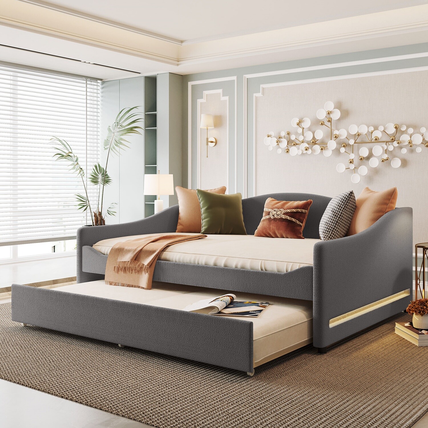 Full Size Daybed Upholstered Bed Frame Sofa Bed w/ Trundle Bed & LED Lights