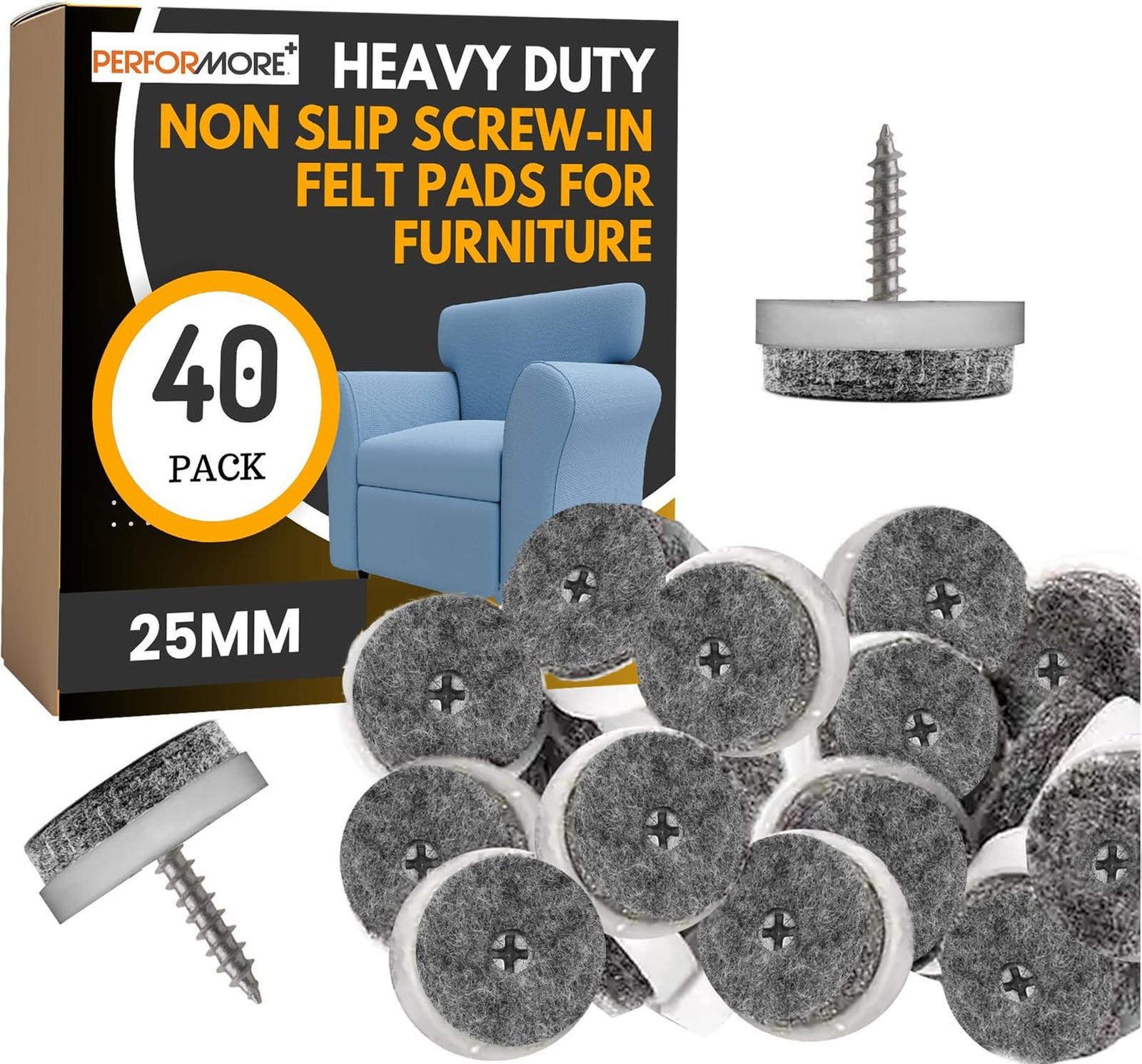 Performore Premium Heavy-Duty Nail-on Felt Pads | 40-Pack 25mm Round Furnitur...