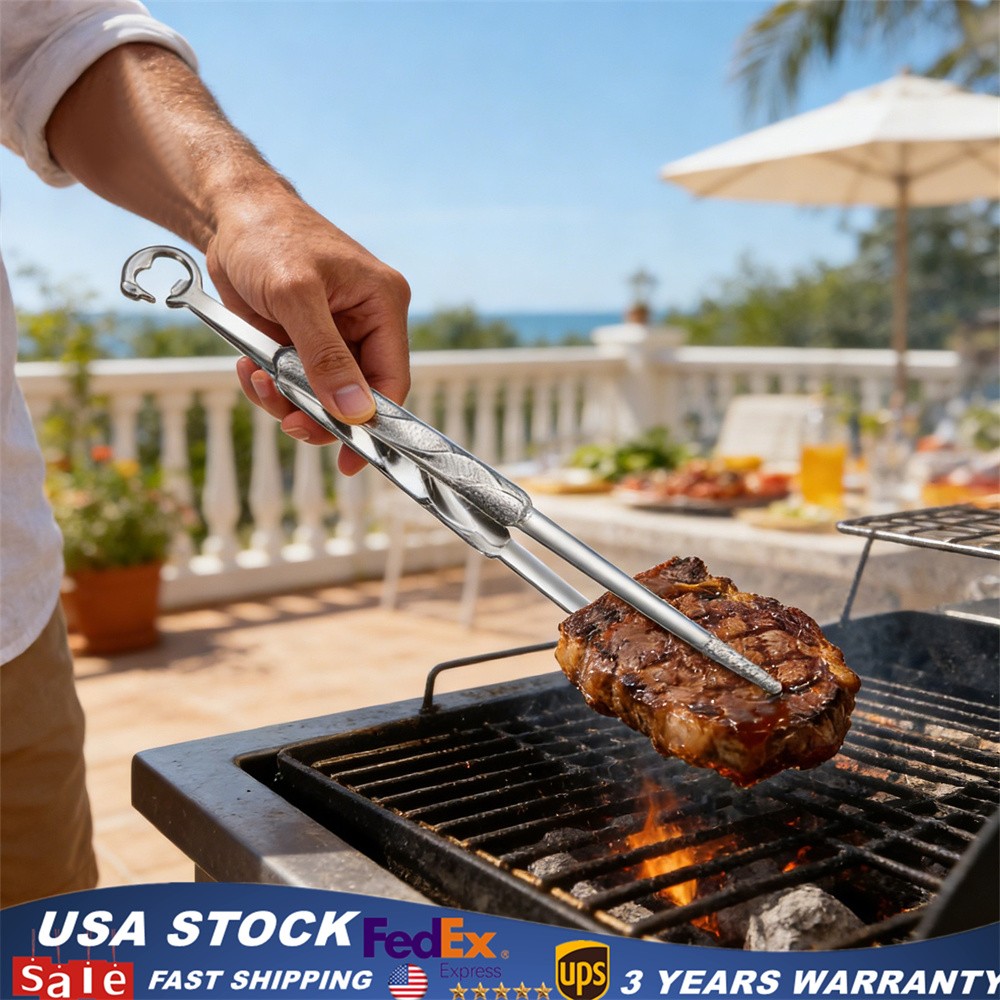 304 Stainless Steel Multi-Function Grill Tong, 12.5" Long-Handled Kitchen Tong
