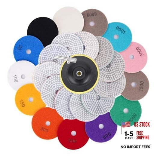 15 Packs 4 inch Diamond Polishing Pads with 5/8’’-11 Backer Pad,11 Pcs Wet/Dry