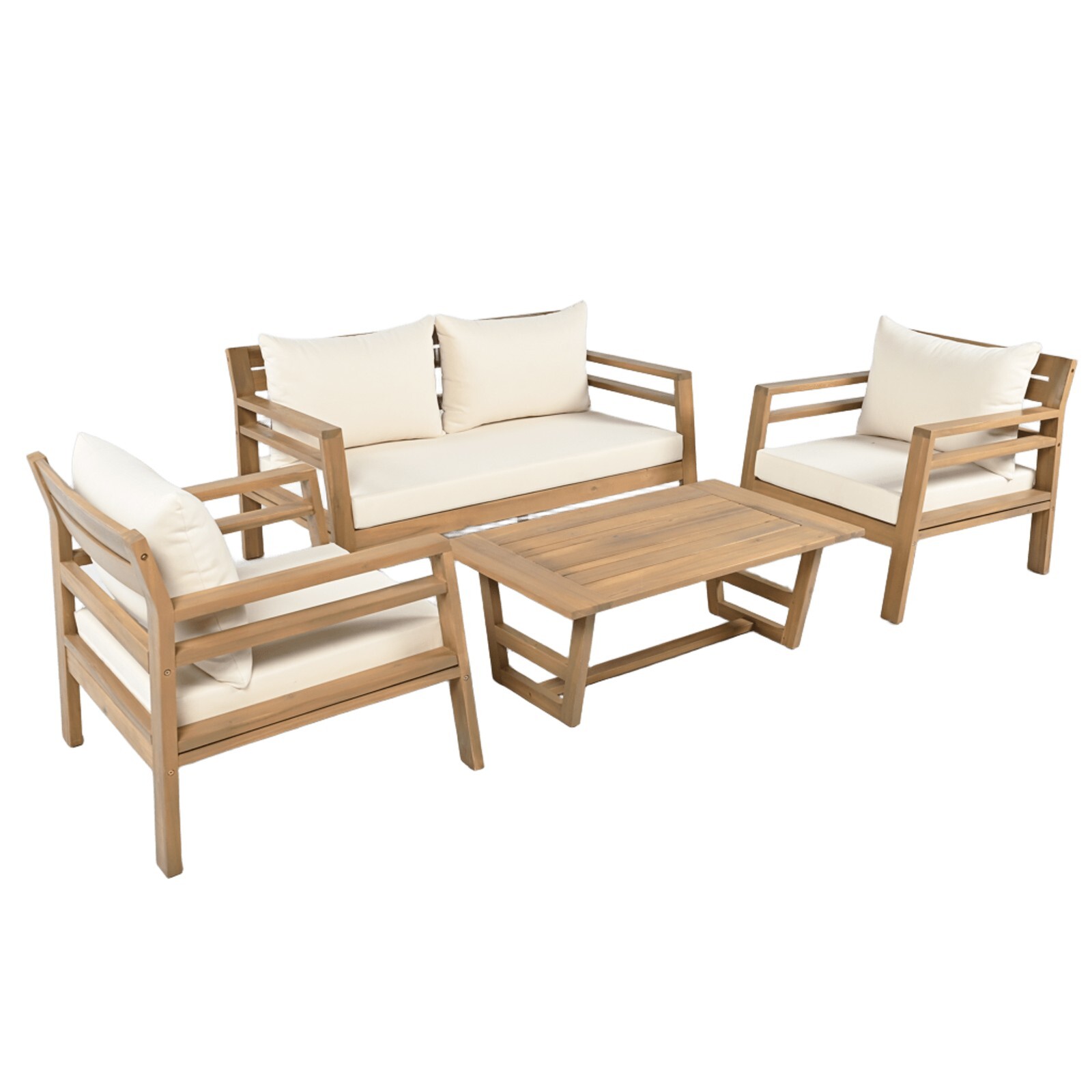 4-Piece Outdoor Acacia Wood Furniture Set Loveseat, Lounge Chair & Coffee Table