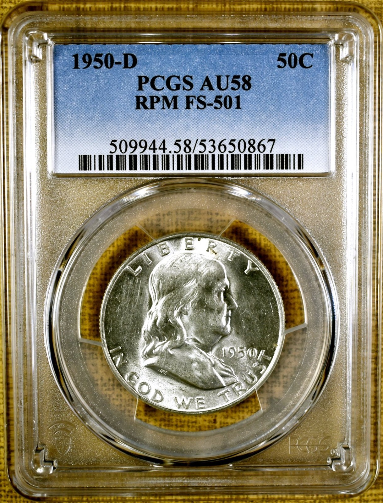 1950-D PCGS AU58 FS-501 RPM Franklin Half Dollar