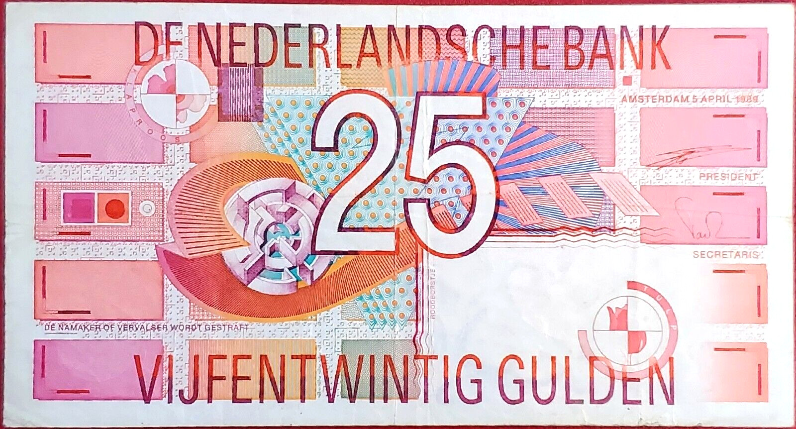 NETHERLANDS 25 GULDEN 1989 BANKNOTE PICK #100 NICE!!!