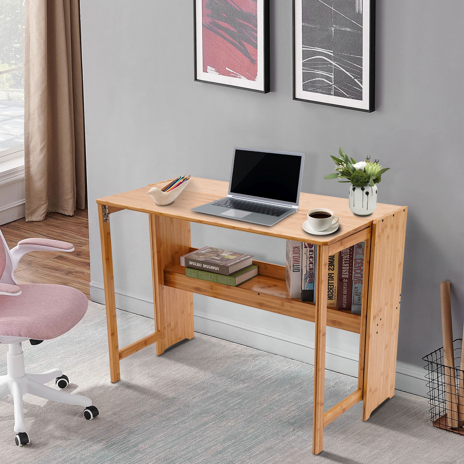 Folding Desk, Computer Desk with Bookshelf, Writing Desk for Student Office