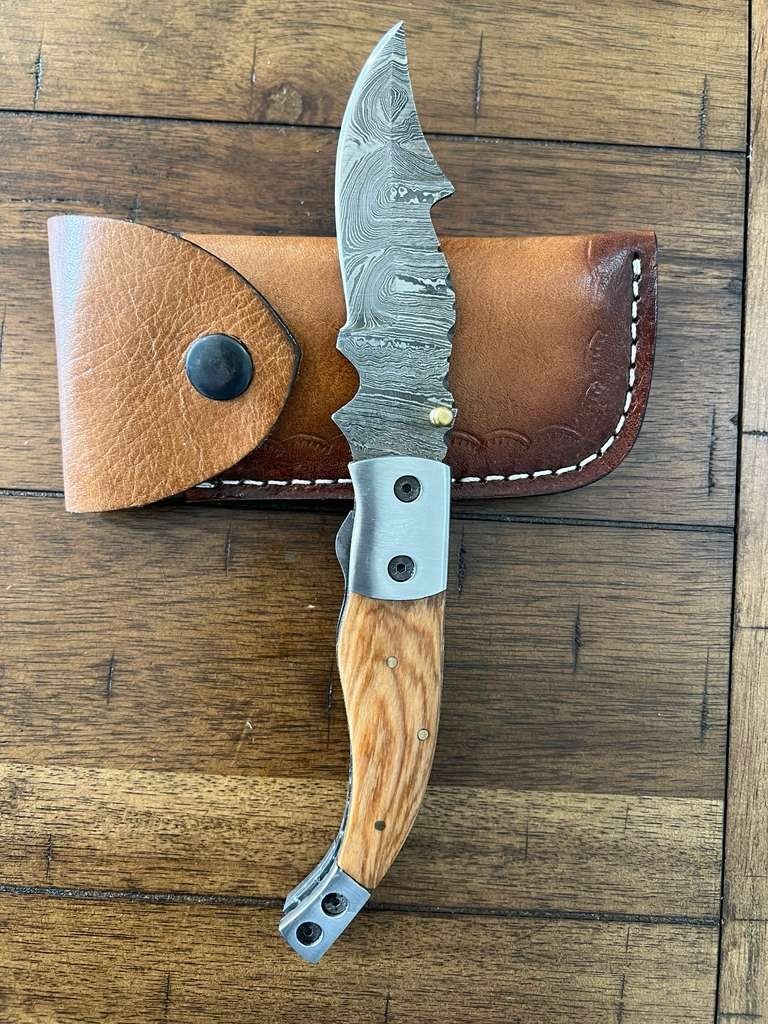 CUSTOM HANDMADE DAMASCUS WOOD & STEEL HANDLE FOLDING KNIFE W/ PREMIUM SHEATH 29