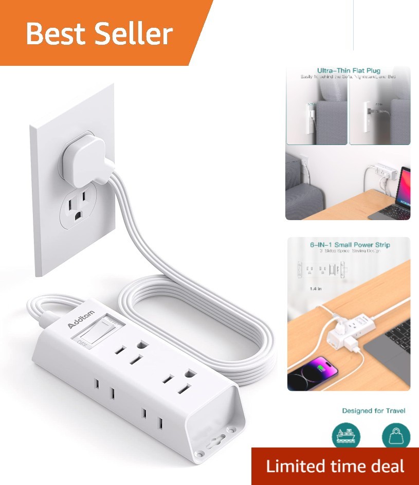 Compact 5ft Power Strip - 6 Outlets and USB Ports for Cruise & Travel Essentials