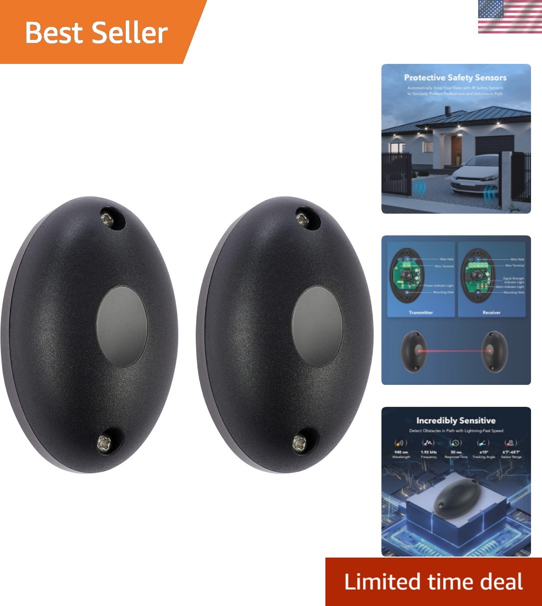 Infrared Sensor Kit for Gate Opener, Outdoor Gate Safety Sensors Photocell IR...