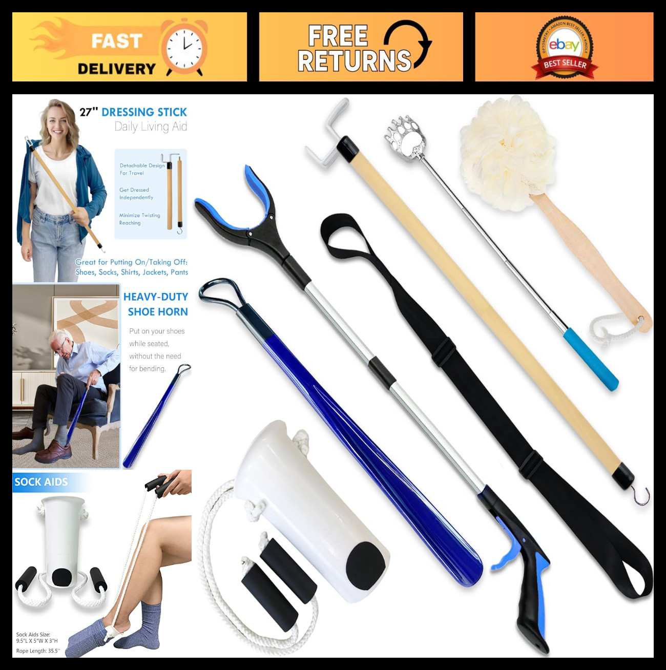 7PC Hip Replacement Recovery Kit for Seniors - Grabber, Sock Aid, Leg Lifter & M