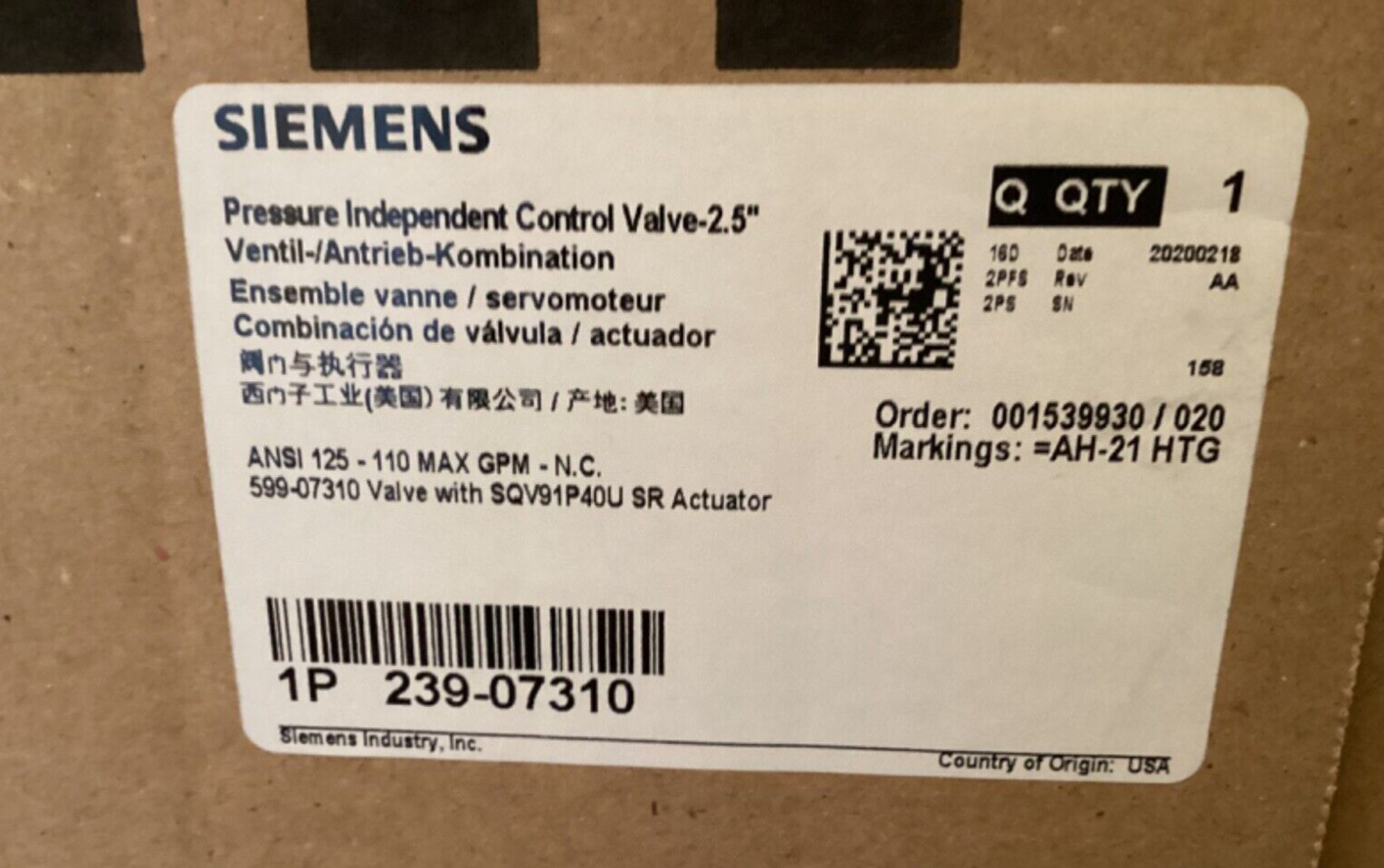 Siemens Pressure Independent Control Valve 2.5, 239-07310, SQV91P4OU SR Actuator
