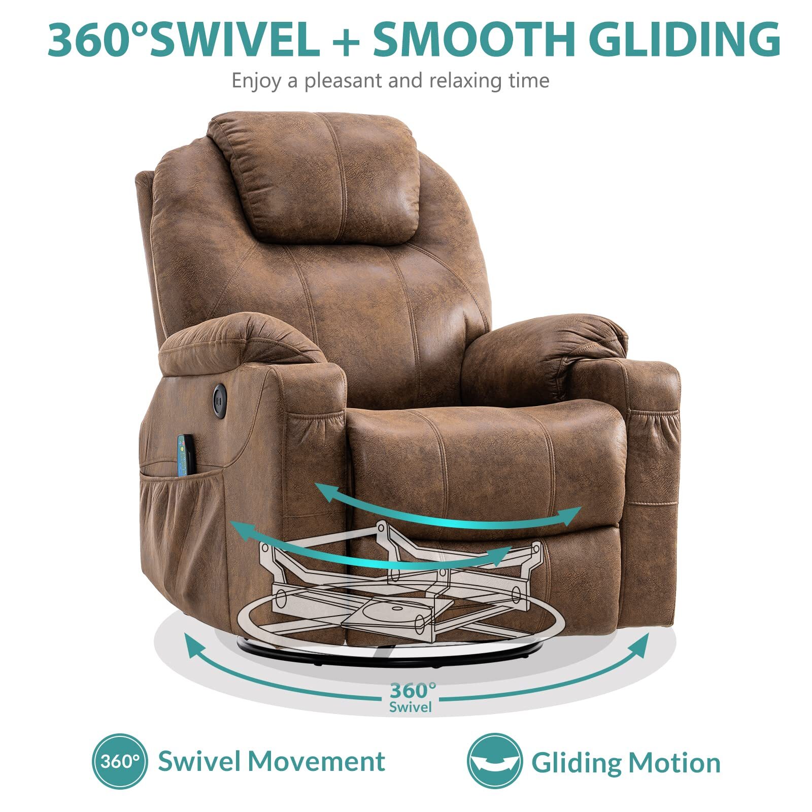 Massage Recliner Chair Swivel Rocker Glider Heated Rocking Recliner W/ USB Ports