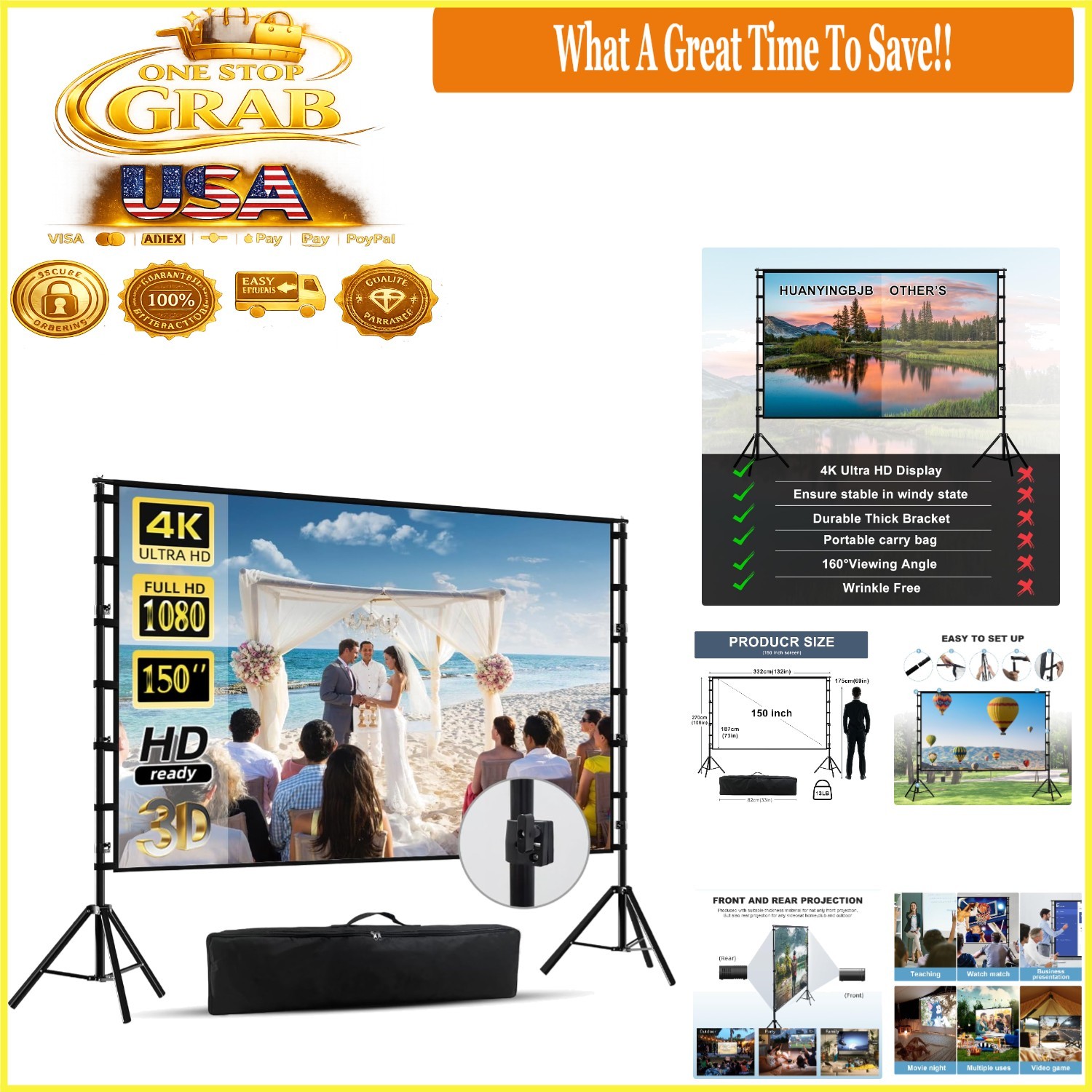150-Inch Outdoor Projector Screen Stand Portable HD Movie Screen with Carry Bag
