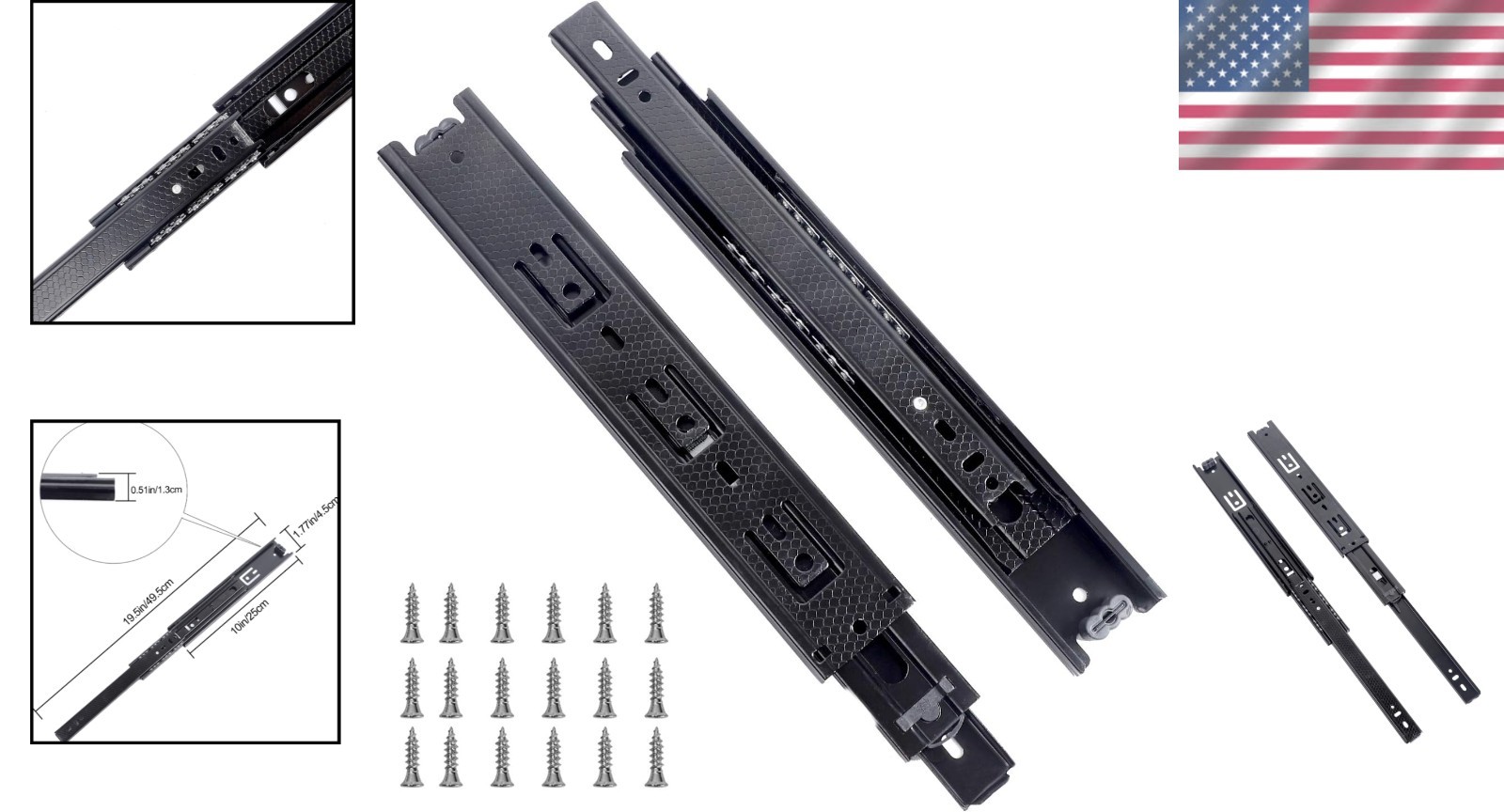 2 PCS Heavy-Duty 10 Inch Full Extension Drawer Slides - Black Steel Rails