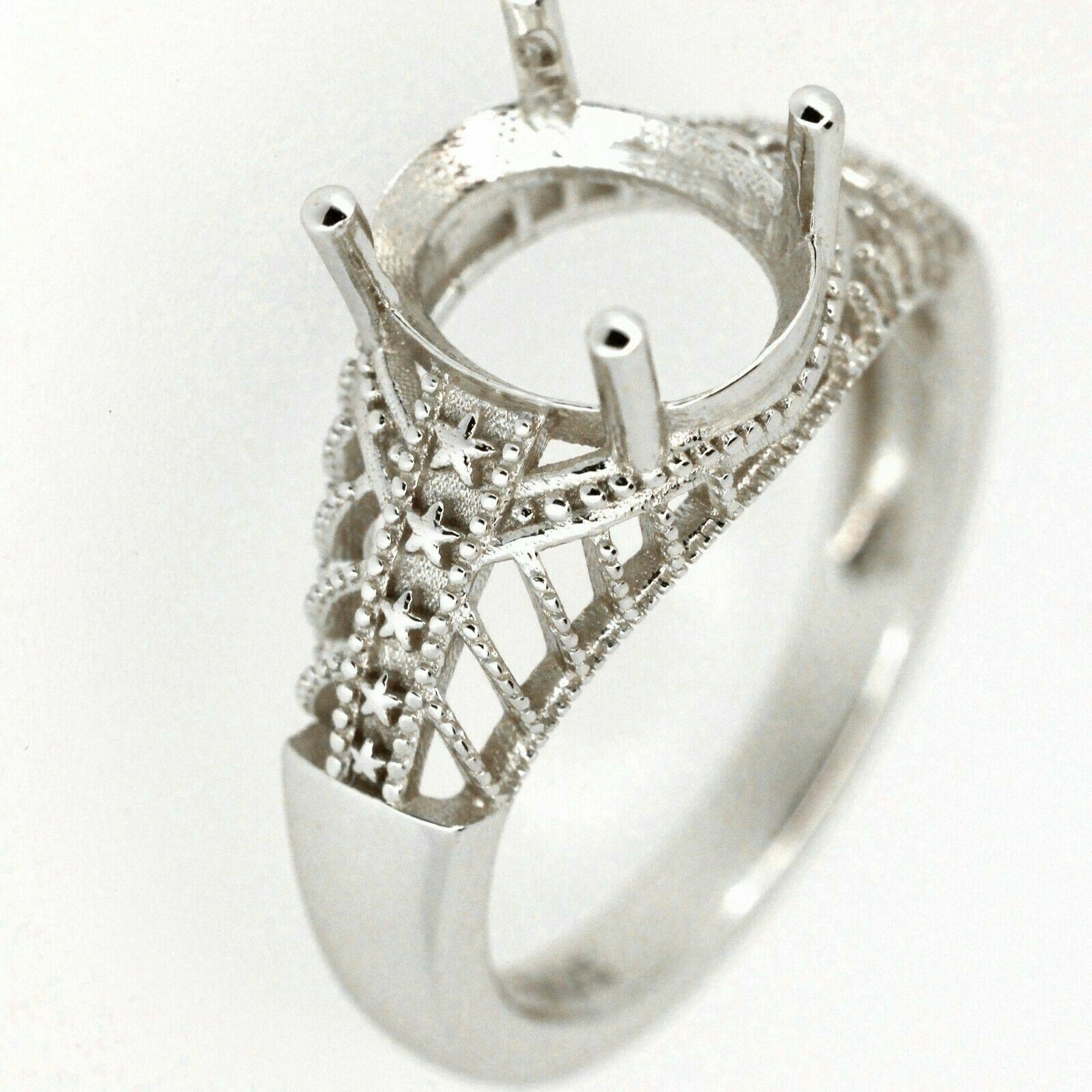 Sterling Silver Semi Mount Ring Setting Oval OV 10x8mm Art Deco Style