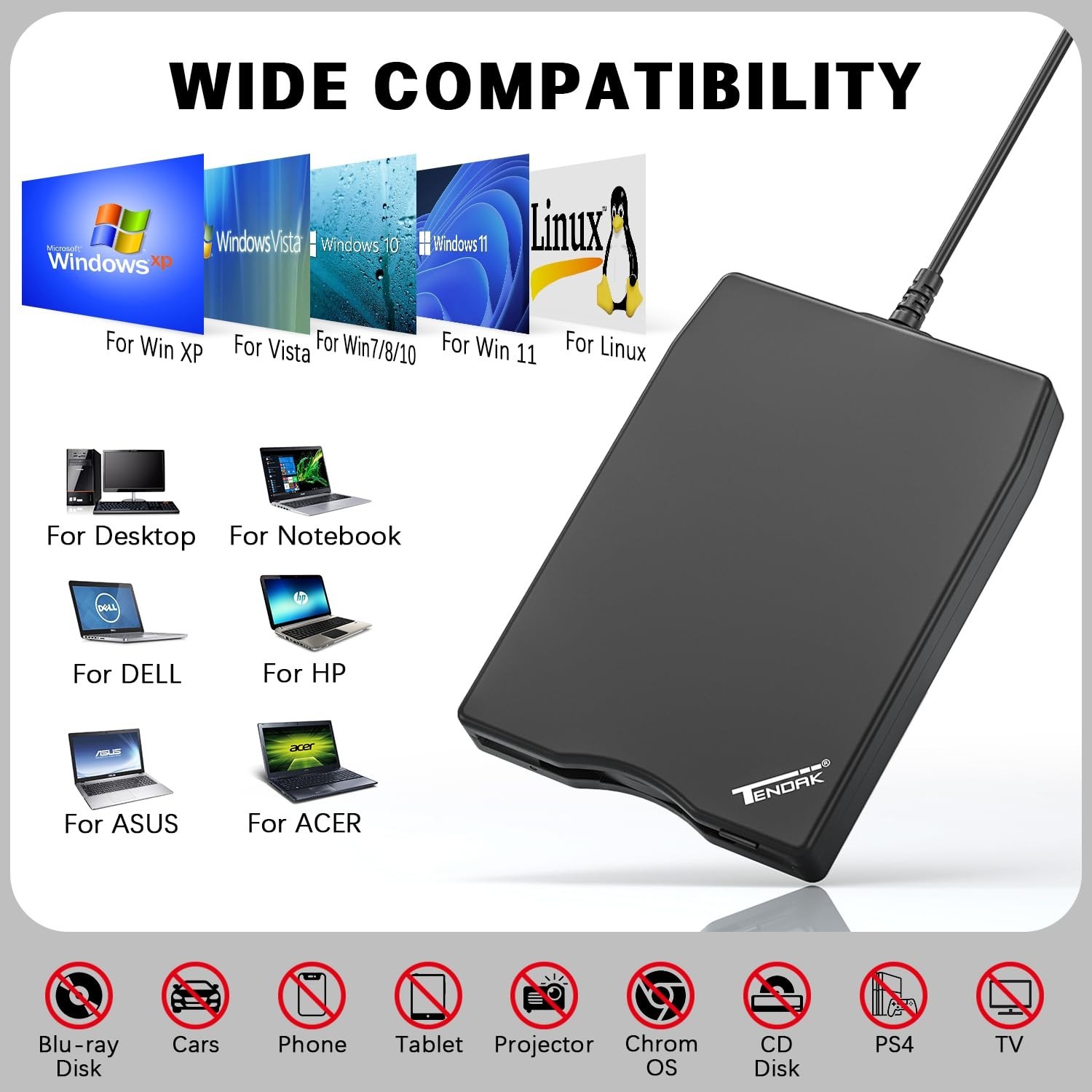 Tendak USB Floppy Disk Drive, Floppy Disk Reader 3.5 inch Portable USB Extern...