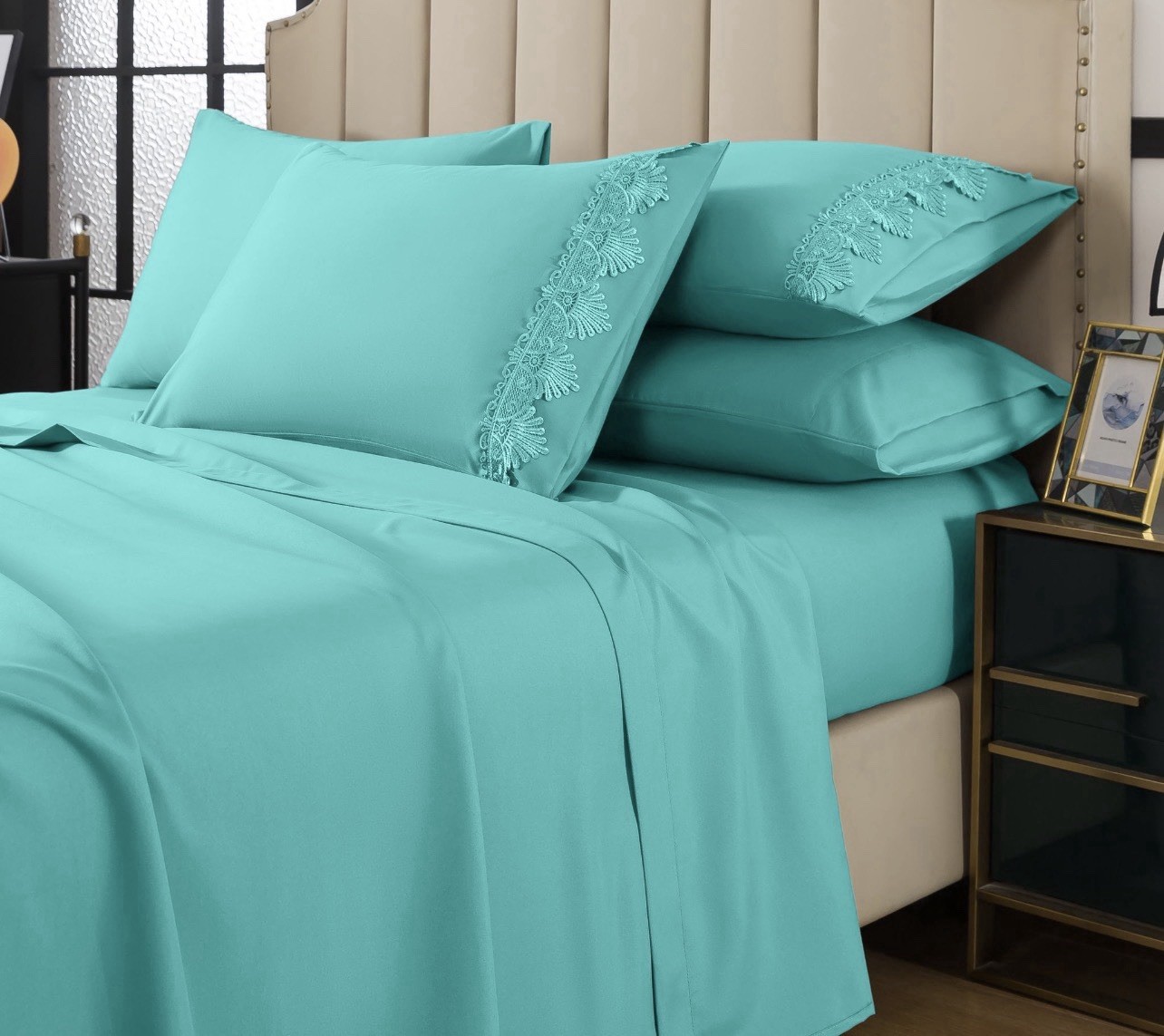 King Sheet Set Solid Blue Embroidered Pillowcases Flat Fitted Sheets