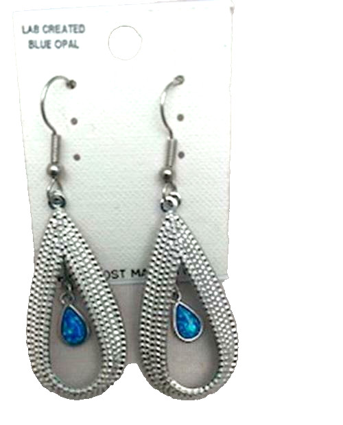 Earrings Pierced Long Dangles Lab Created Blue Opal USA Hypo Post Tear Drop