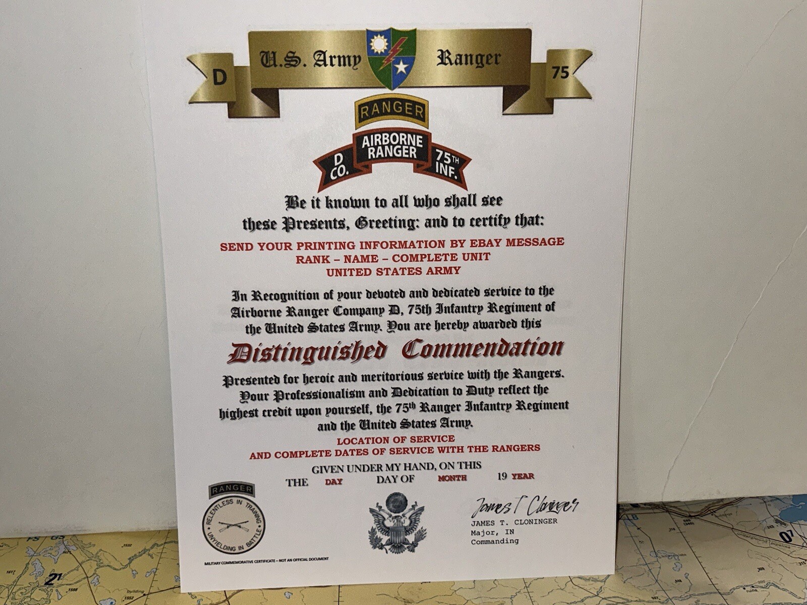 U.S. ARMY - D CO. 75TH RANGER INFANTRY / DISTINGUISHED COMMENDATION CERTIFICATE