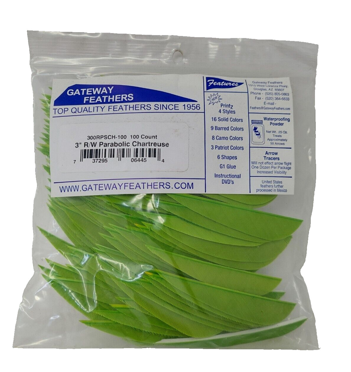 100 Pack Gateway Feathers 3" Right Wing: Parabolic Chartreuse Green 300RPSCH-100