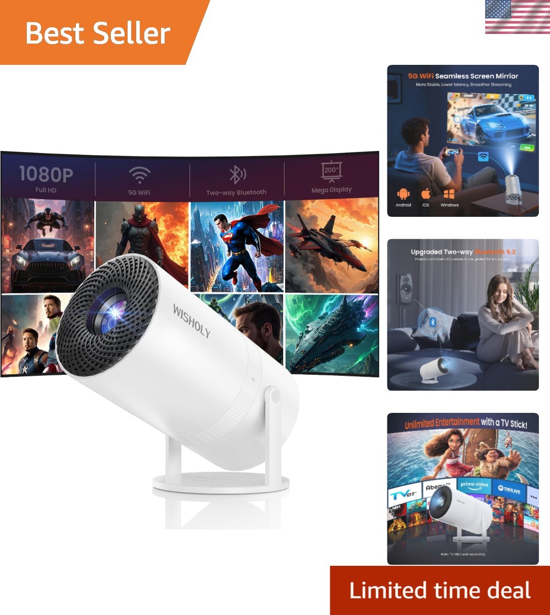High Brightness 7800 Lumens Mini Projector with Wireless Capability and Rotation