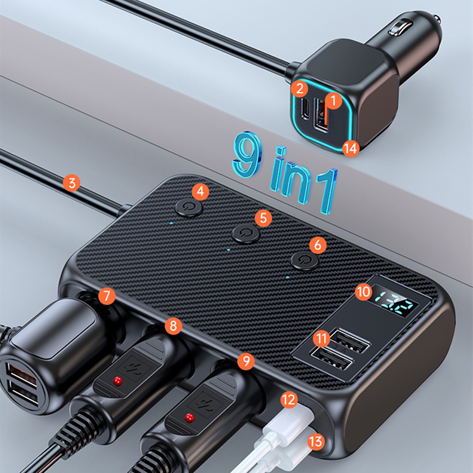 9in 1 Cigarette Lighter Socket Splitter USB-C Fast Charger Power Adapter Outlet