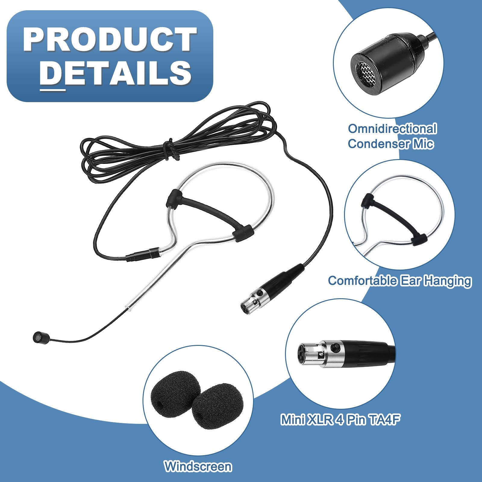 Ear Hook Microphone, Single Ear Headset with Mini XLR 4 Pin TA4F Plug, Black
