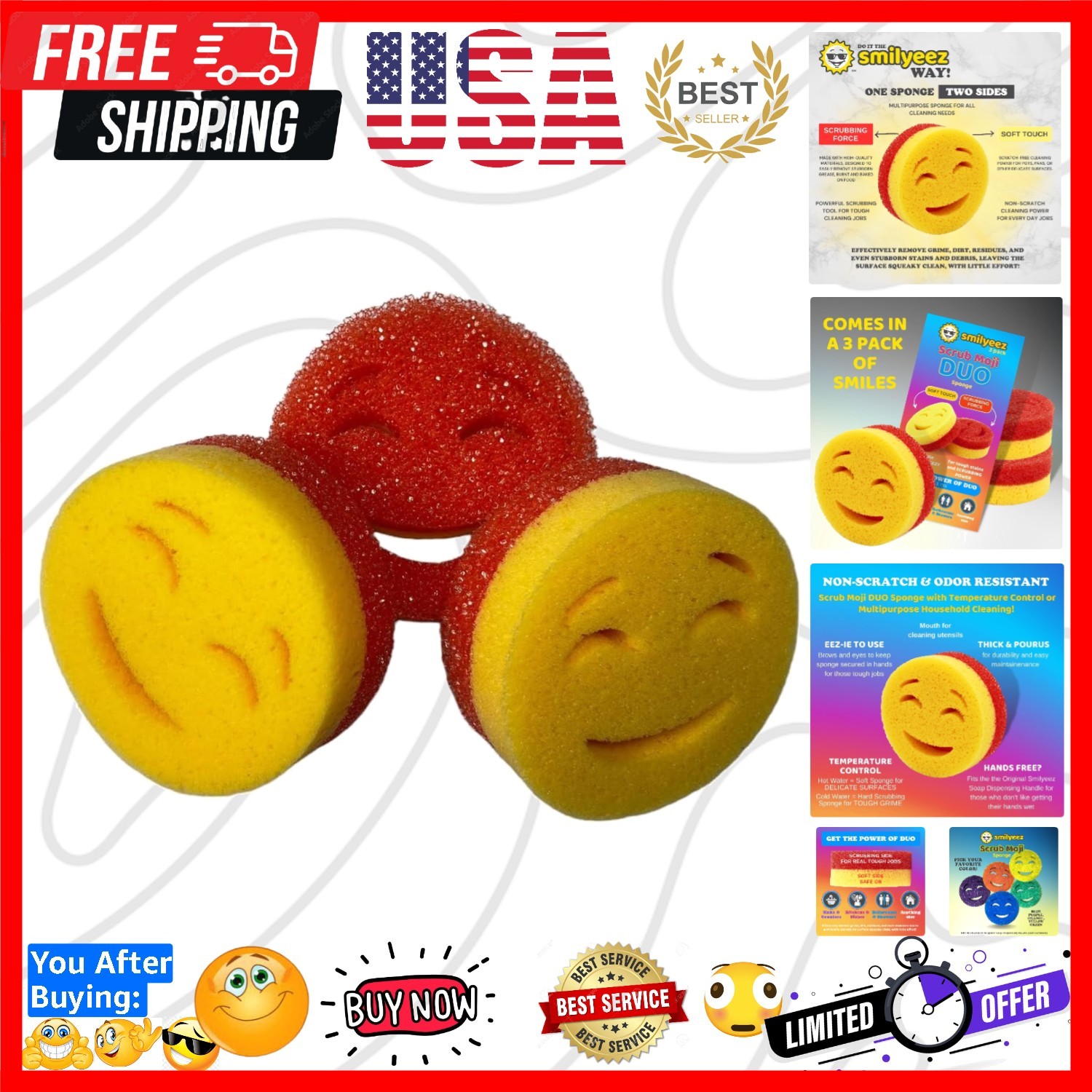 Scrub Moji Duo Scrubbing Sponge Set of 3 Dual-Sided Scrub Sponges Multipurpos...