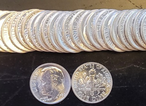 50 1960-P Roosevelt Dimes BU Uncirculated Bullion-$5 90% Silver Roll US Coins