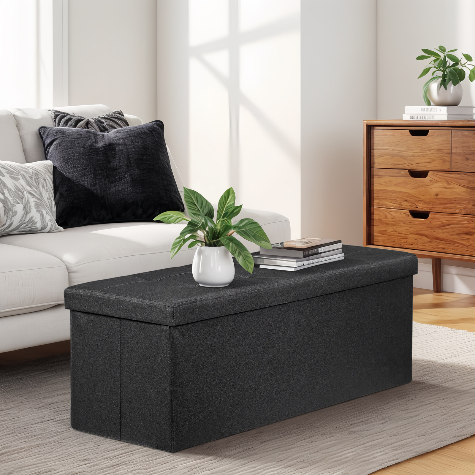43" Long Durable Ottoman Bench Storage Bench Chest Food Stool 8 Stitchings Black