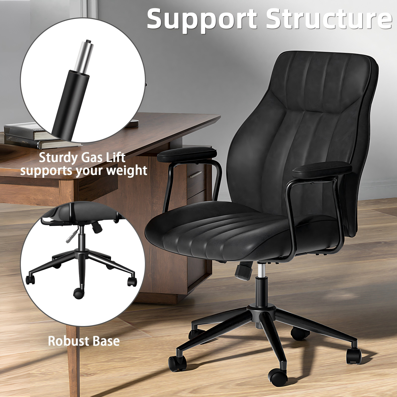 Executive Office Chair PU Leather Reclining with Lumbar Support & Wheels Black