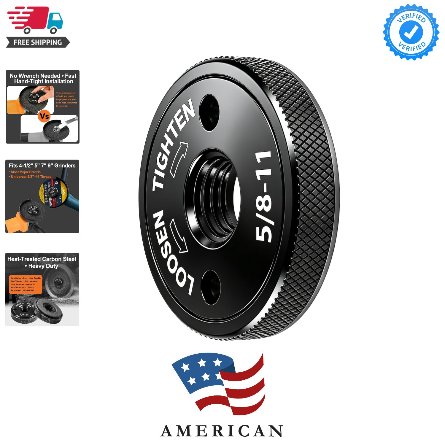 Quick Release Angle Grinder Nut 5/8"-11, Self Locking Flange Nut, Tool-Free G...
