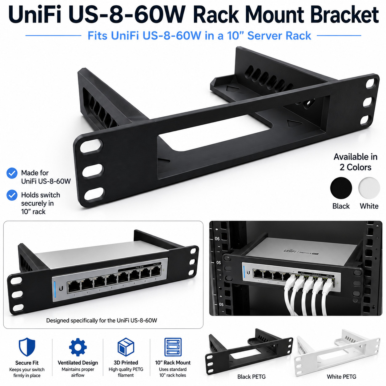 Ubiquiti UniFi Network Switch US-8-60W 10-Inch Rack Mount 3d Printed Petg