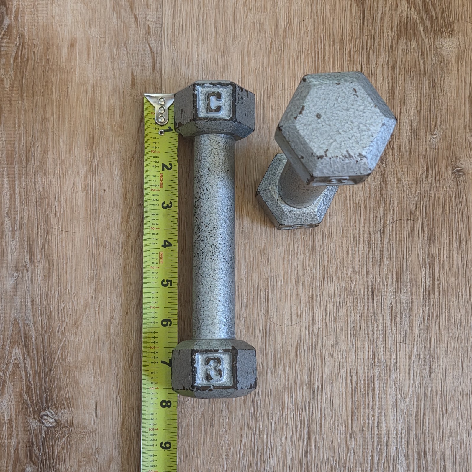 Vintage Cast Iron 3 LB Dumbbells Pair Hex Head Hand Weights Home Gym