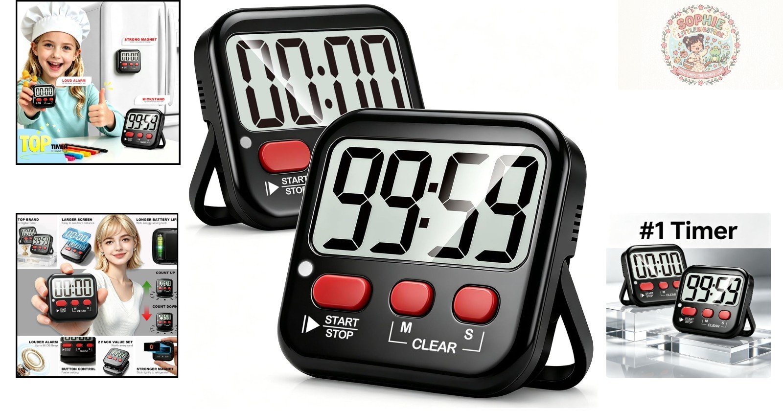 Easy View 2-Pack Kitchen & Classroom Digital Timers with Alarm & Mute Modes