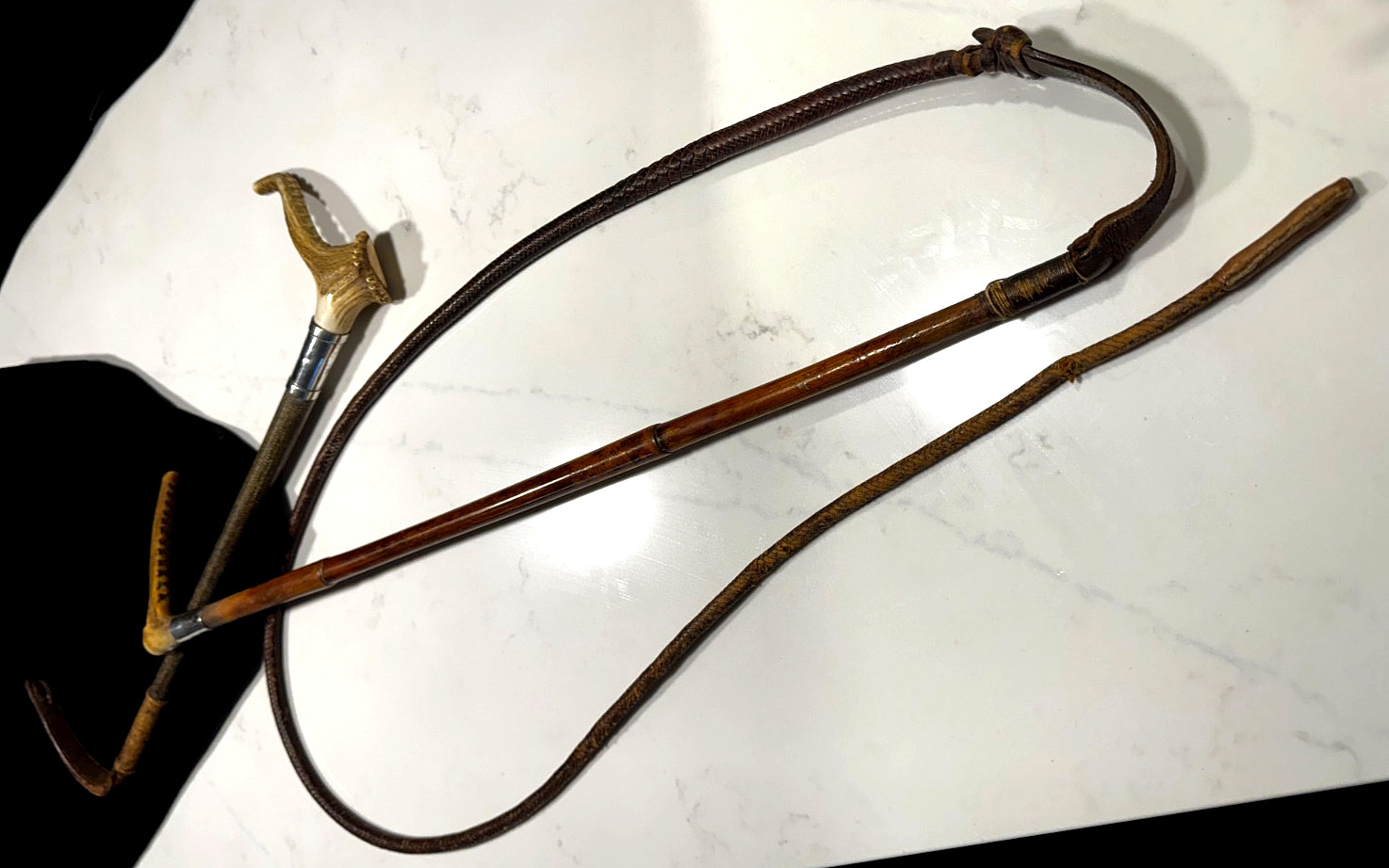 SWAINE & CO. 7 FOOT LONG HUNTING WHIP STERLING SILVER COLLAR 1890'S