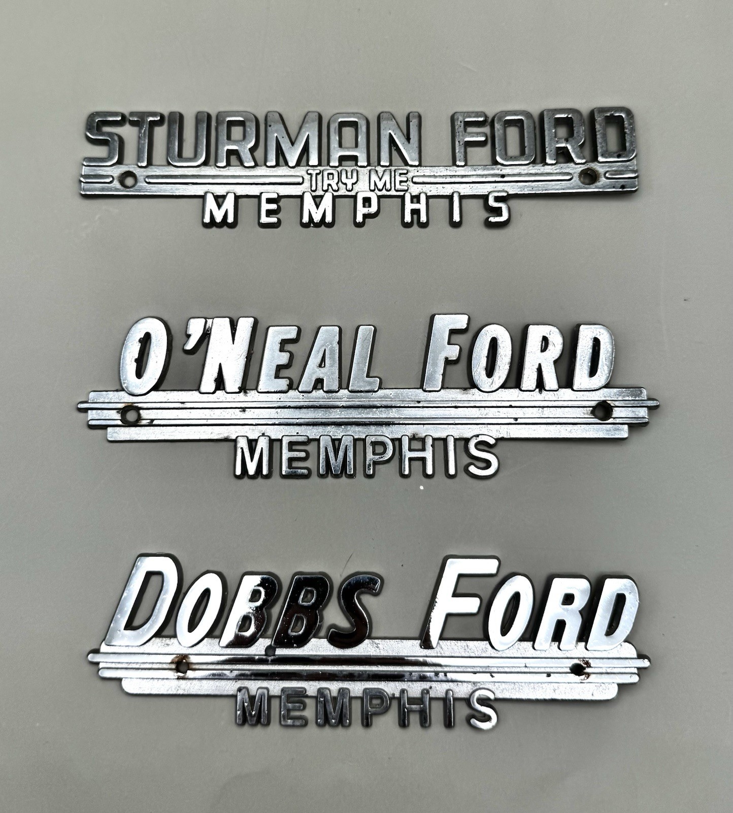 LOT 3: Vintage Ford Memphis Car Dealership Dealer Metal Nameplate Emblems Chrome