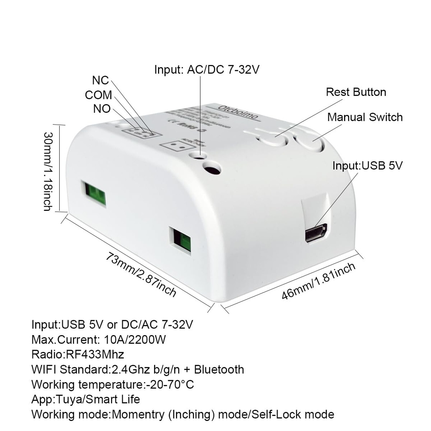 Smart WiFi Wireless Relay Switch Module, Tuya 1CH AC/DC 7-32V/ USB 5V Smart L...