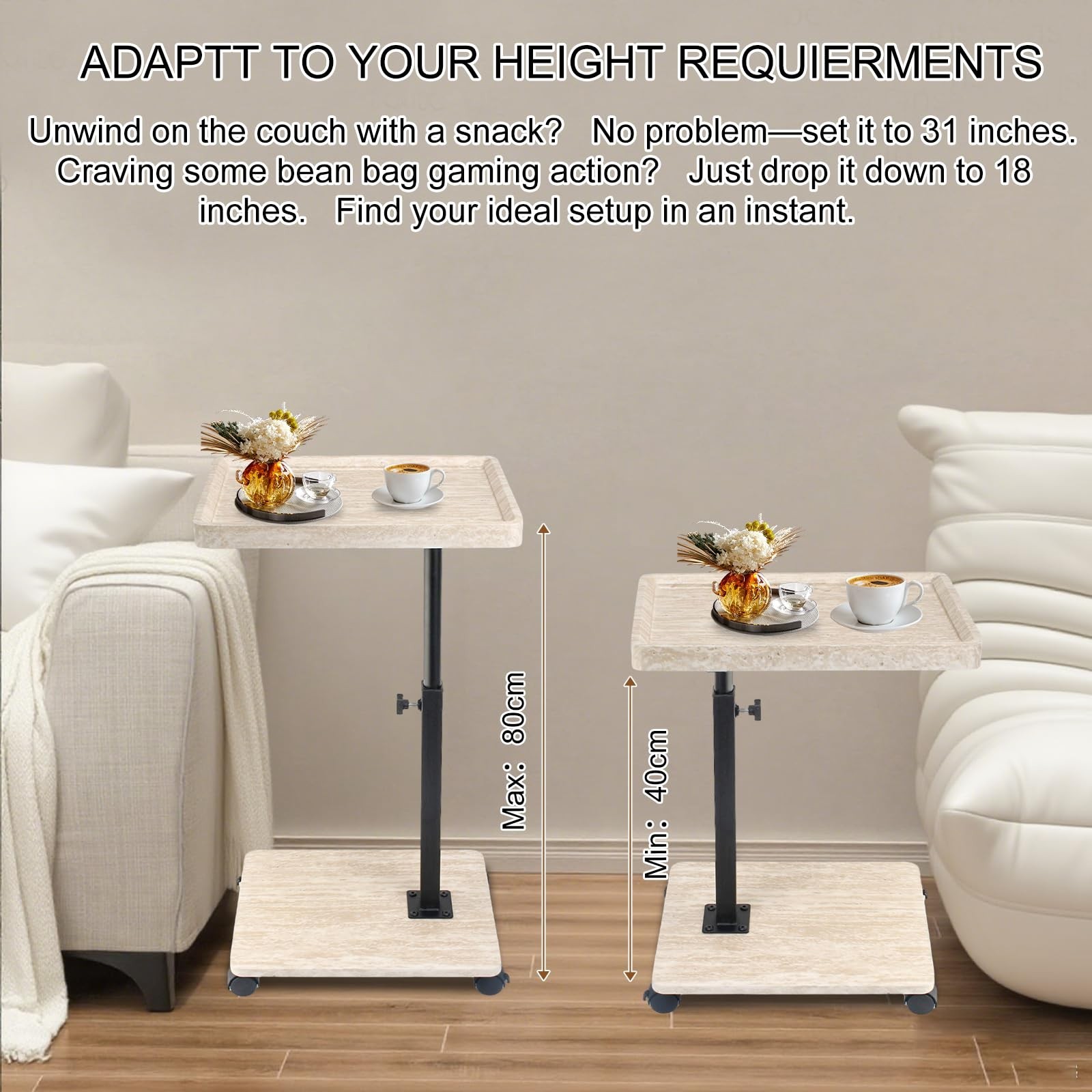Simcat Adjustable Height C Shaped End Table, 360° Swivel Side Table TV Tray