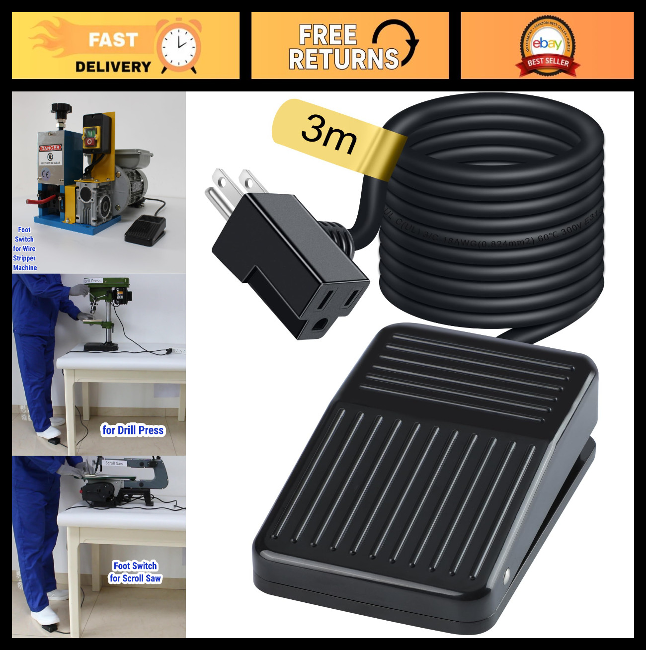 10ft Momentary Foot Switch Pedal - Normally Off, UL-Listed, 15A Power Tool Acces