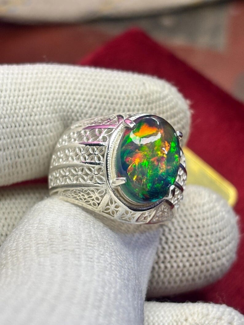 High Fire Natural Black Opal Ring, Fire Black Opal Men’s Ring, Ring For Men