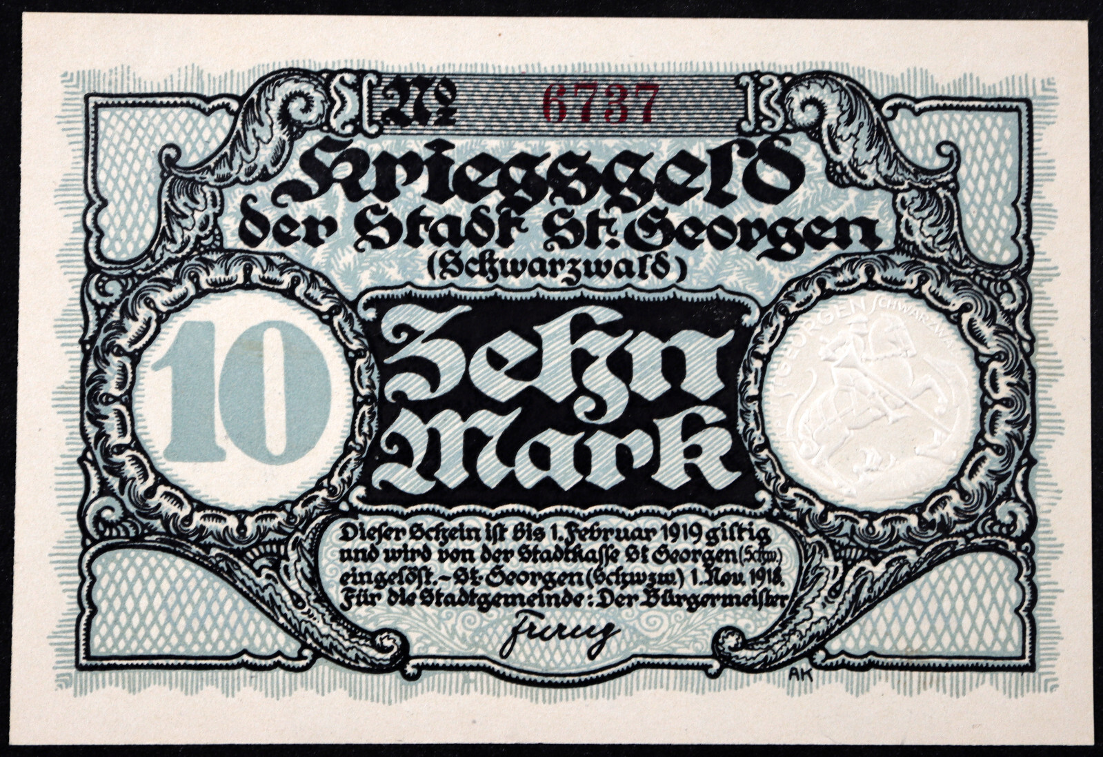 ST. GEORGEN 1918 10 Mark Grossnotgeld German Notgeld Banknote